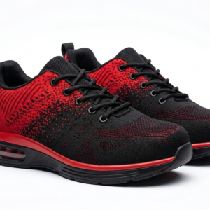 Zapatillas deportivas rojas y negras con cámara de aire y tejido transpirable.