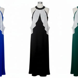 Tres modelos de vestido largo bicolor de fiesta en azul, negro y verde con cuello halter blanco.