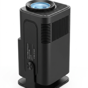 Proyector inteligente HY320 negro sobre fondo blanco para cine en casa