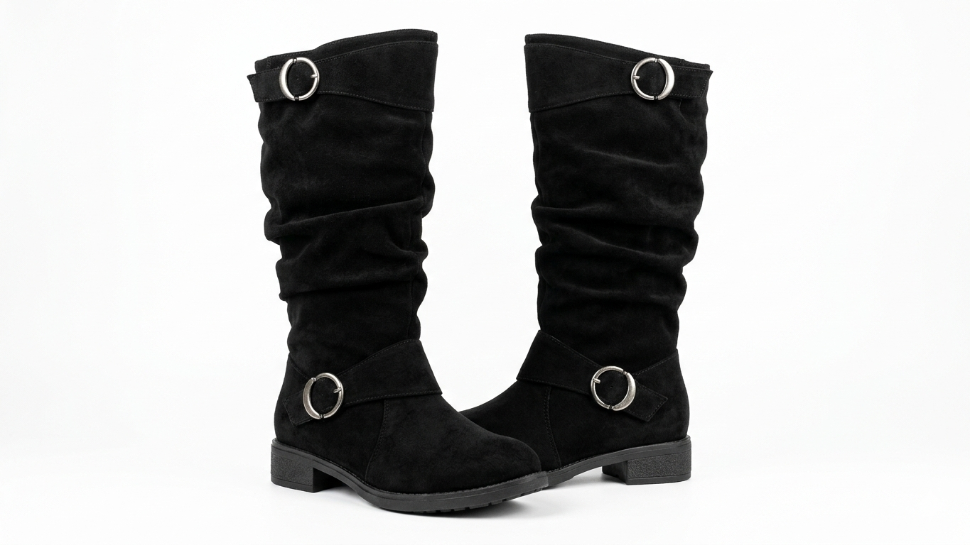 Botas altas negras de mujer estilo slouch con hebillas metálicas laterales y tacón bajo.