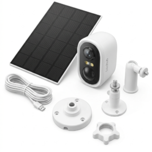Kit de cámara Laxihub W2 con panel solar, soportes y cables.