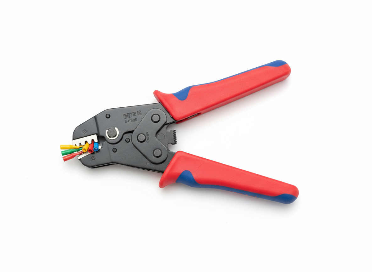 Crimpadora profesional de terminales aislados con mangos rojos y azules sobre fondo blanco