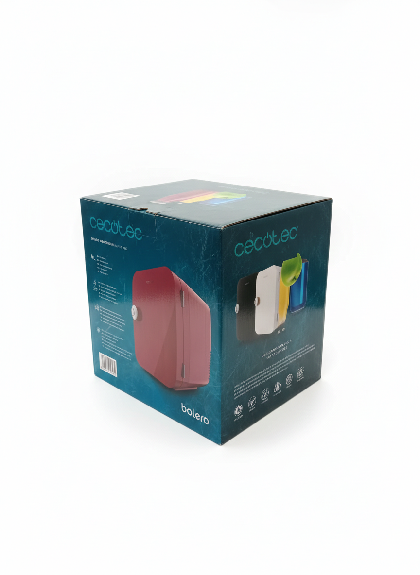 Caja original de la mini nevera portátil Cecotec Bolero Minicooling 4L Río Red