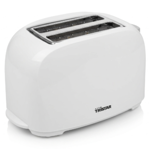 Tostadora Tristar blanca de dos ranuras con acabado brillante sobre fondo blanco".