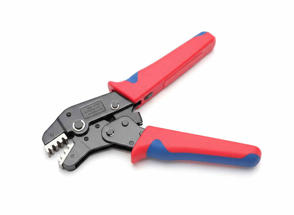 Crimpadora profesional de terminales aislados con mangos rojos y azules sobre fondo blanco