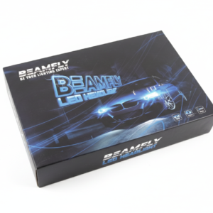 Kit de dos bombillas LED para faros de coche marca Beamfly en su caja original fondo blanco