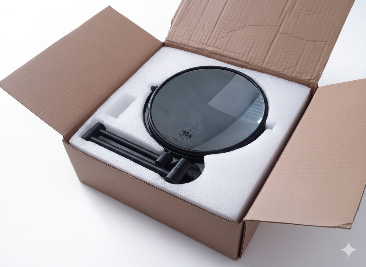 Espejo de pared extensible con aumento 10x y acabado en negro mate.