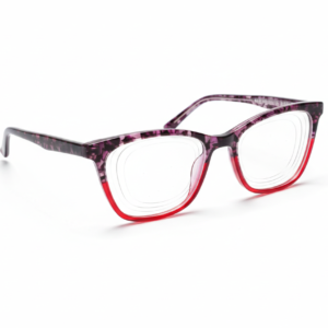 Gafas de ver con montura de carey morado en la parte superior y rojo inferior