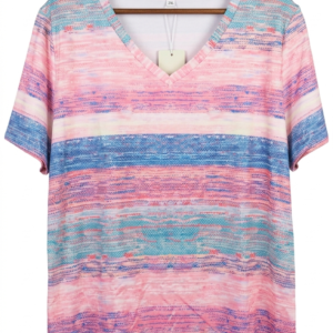 Camiseta de mujer talla 2XL con cuello en V y estampado de rayas horizontales estilo acuarela en rosa, azul y crema.