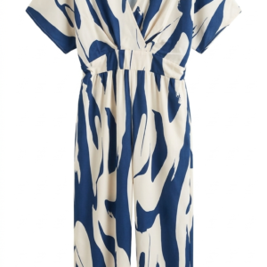 Enterito largo con estampado abstracto azul y crema, escote en V.