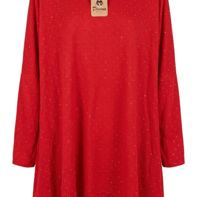 Maxi jersey de punto con acabado brillante, cuello vuelto y corte oversize tipo túnica.