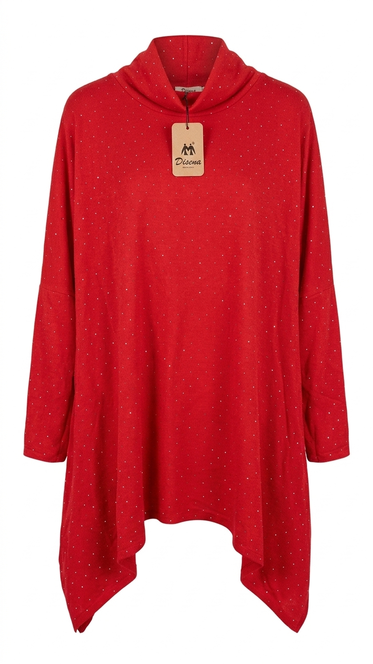 Maxi jersey de punto con acabado brillante, cuello vuelto y corte oversize tipo túnica.