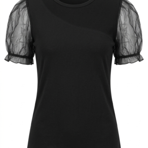 Camiseta negra de mujer con mangas abullonadas transparentes de organza.