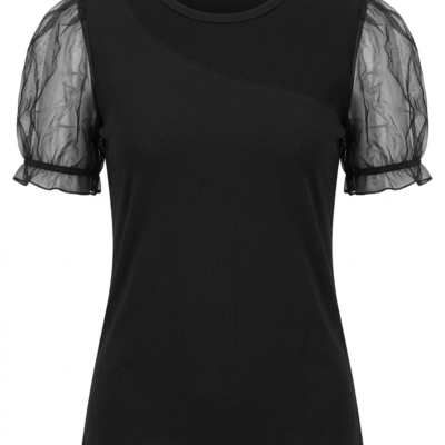 Camiseta negra de mujer con mangas abullonadas transparentes de organza.