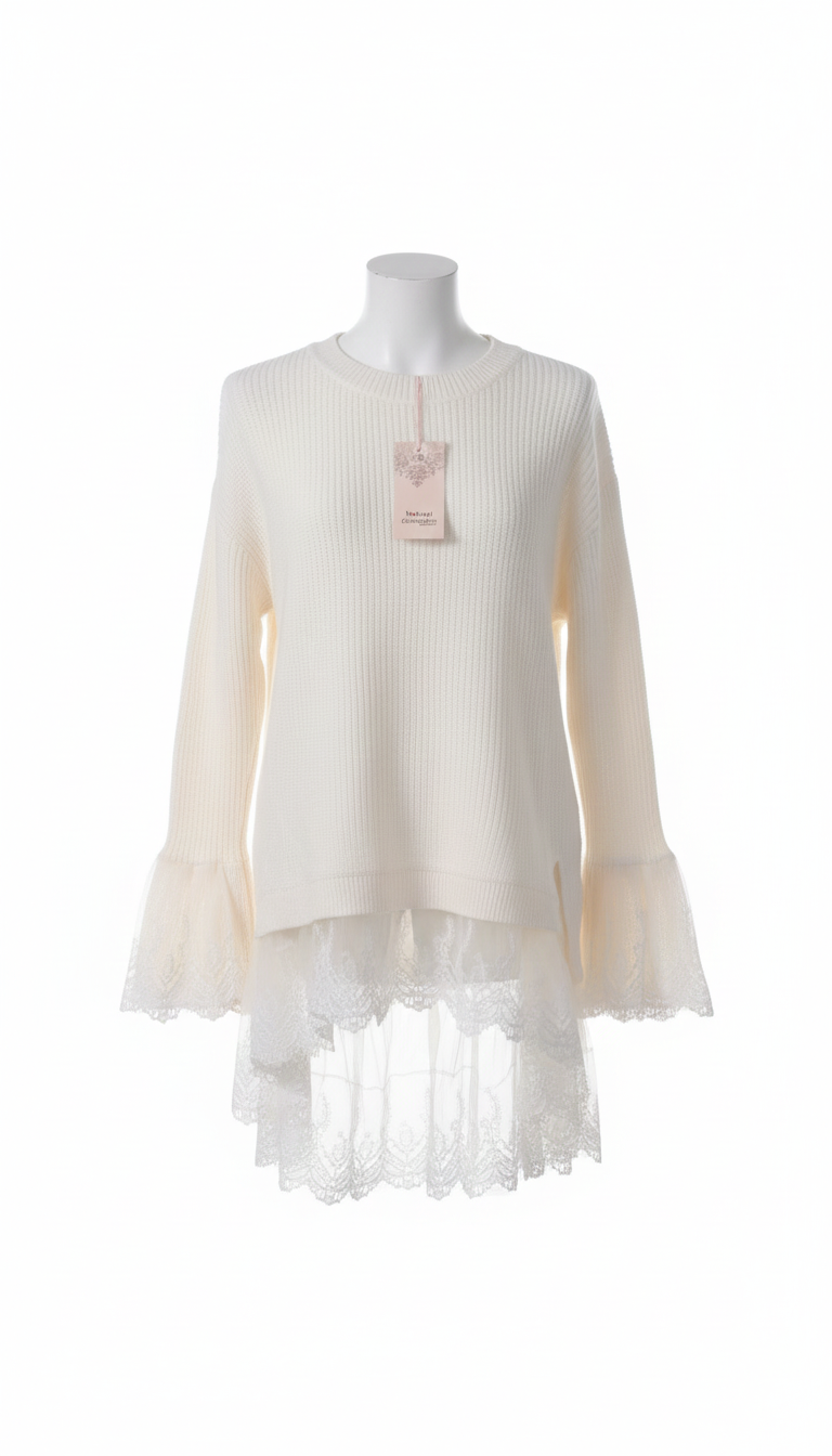 Jersey de Punto Crema con Detalles de Encaje