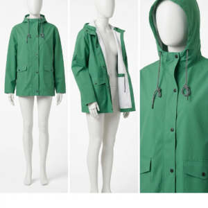 Sudadera color coral con cremallera blanca y capucha.