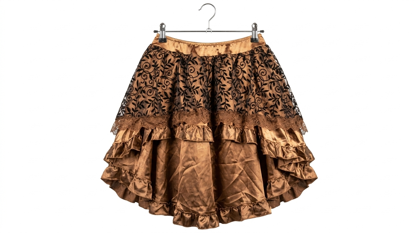 Falda corta talla XL de satén marrón con capas de volantes y encaje floral negro sobre fondo blanco.