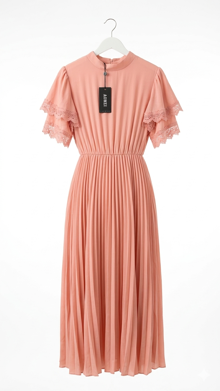 Vestido largo plisado rosa salmón con mangas de encaje y cuello alto