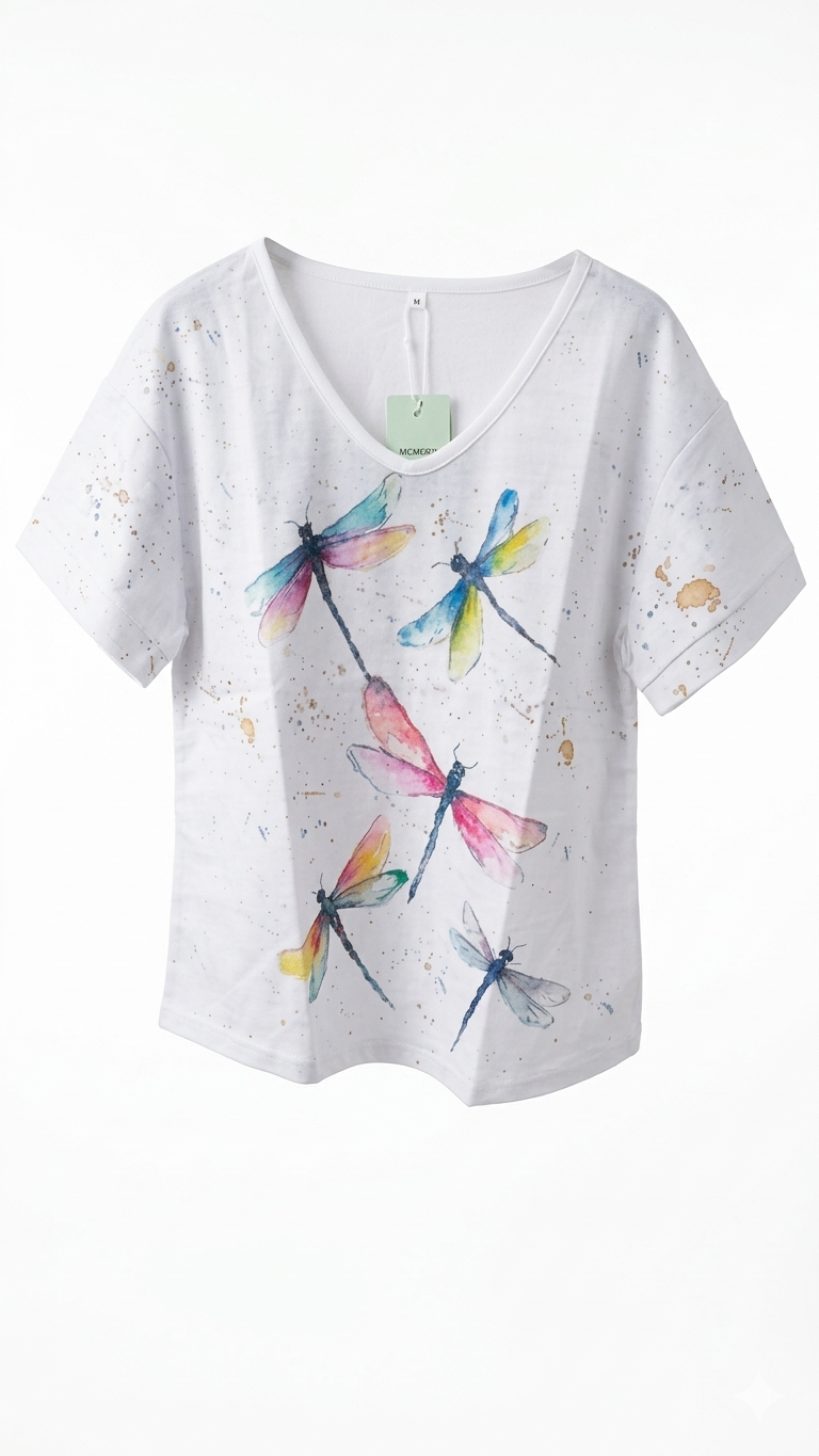 Camiseta blanca de manga corta con estampado artístico de libélulas en colores acuarela sobre fondo blanco profesional.