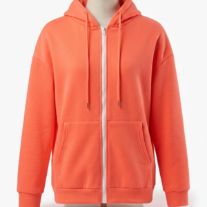 Sudadera de mujer color coral con cremallera frontal y capucha en maniquí.