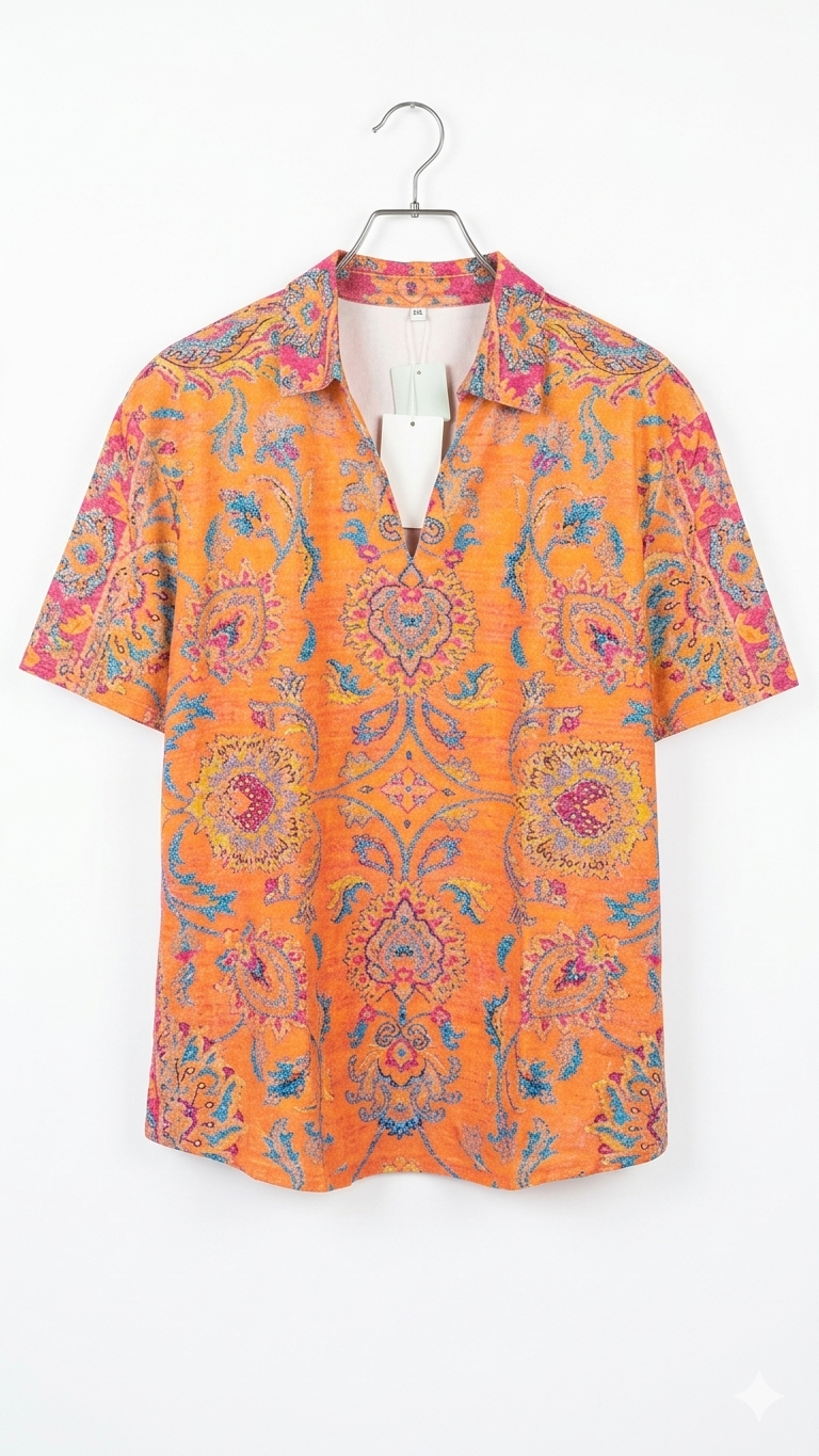 Camisa de manga corta color naranja con estampado de mandalas étnicos en azul y rosa, cuello polo sin botones, talla 2XL, fondo blanco.