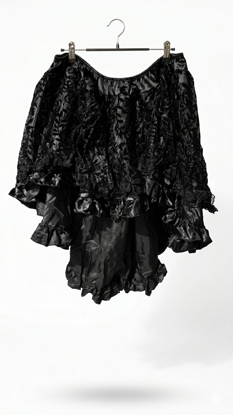 Falda corta negra de satén con capas de volantes y encaje floral negro, estilo gótico victoriano, talla única, fondo blanco profesional.