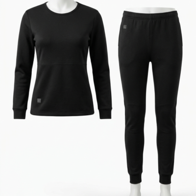 Conjunto térmico negro compuesto por camiseta de manga larga y leggings deportivos.