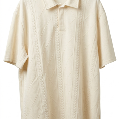 Polo de manga corta para hombre en color crema con texturas de trenzas y rombos en relieve sobre fondo blanco.