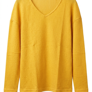 Jersey mostaza de punto gofrado con escote en V para mujer.