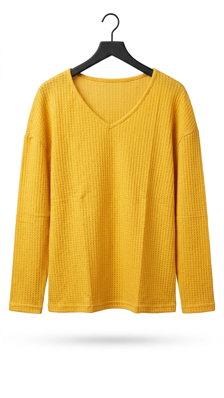 Jersey mostaza de punto gofrado con escote en V para mujer.