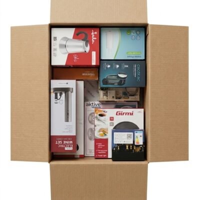 Caja sorpresa abierta con productos variados y marcas de calidad en Icalain